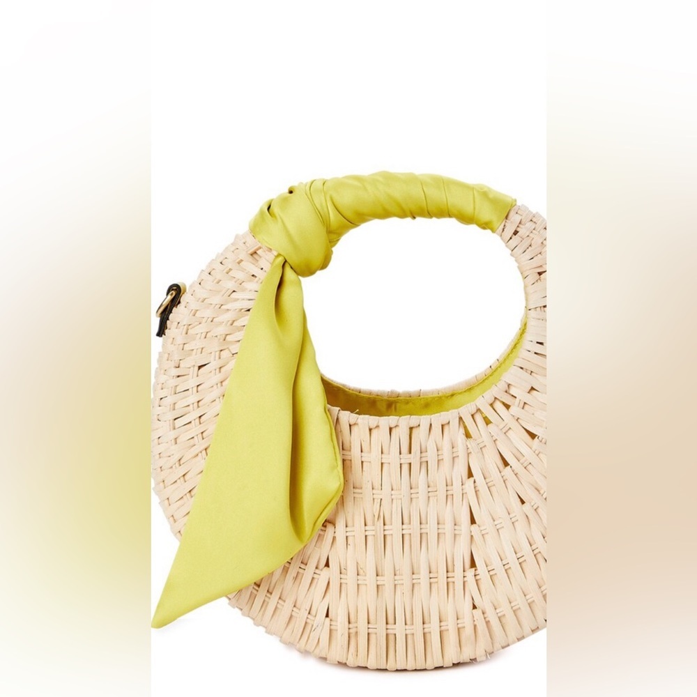 Woven straw Top handle crescent shape crossbody bag silk look citron scarf new - Picture 10 of 13